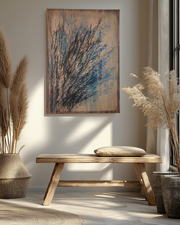 Entfaltung 2 abstract art with black and blue branches on beige canvas, displayed above wooden bench with pampas grass decor