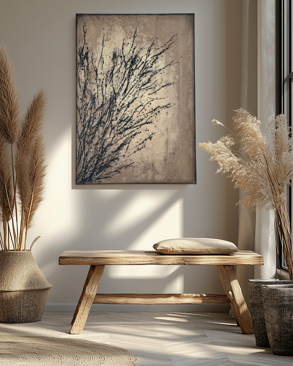 Entfaltung 1 abstract art with dark branches on beige canvas, displayed above wooden bench with pampas grass decor