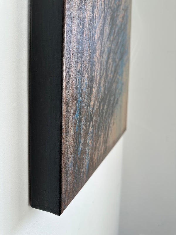 Entfaltung 2 abstract acrylic painting on canvas with metallic blue and copper textured streaks, side view