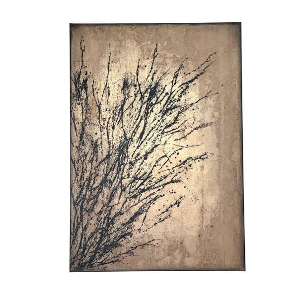 Entfaltung 1: Abstract acrylic painting with black branches spreading across beige canvas, artistic expression of growth