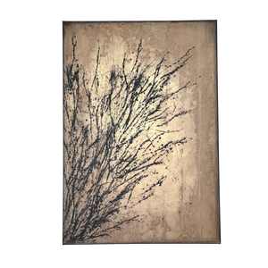 Entfaltung 1: Abstract acrylic painting with black branches spreading across beige canvas, artistic expression of growth