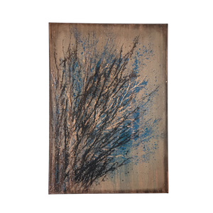 Entfaltung 2 abstract acrylic painting featuring dynamic black branches with blue accents on beige canvas background