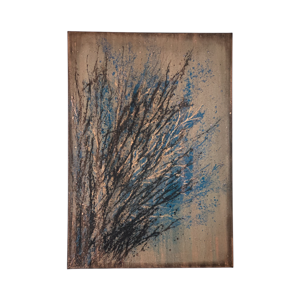 Entfaltung 2 abstract acrylic painting featuring dynamic black branches with blue accents on beige canvas background